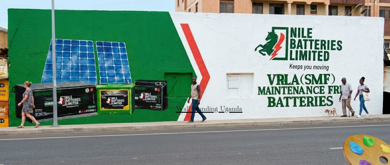 Industrial wall painting ads and large-scale facility branding for Nile Batteries Limited in Uganda