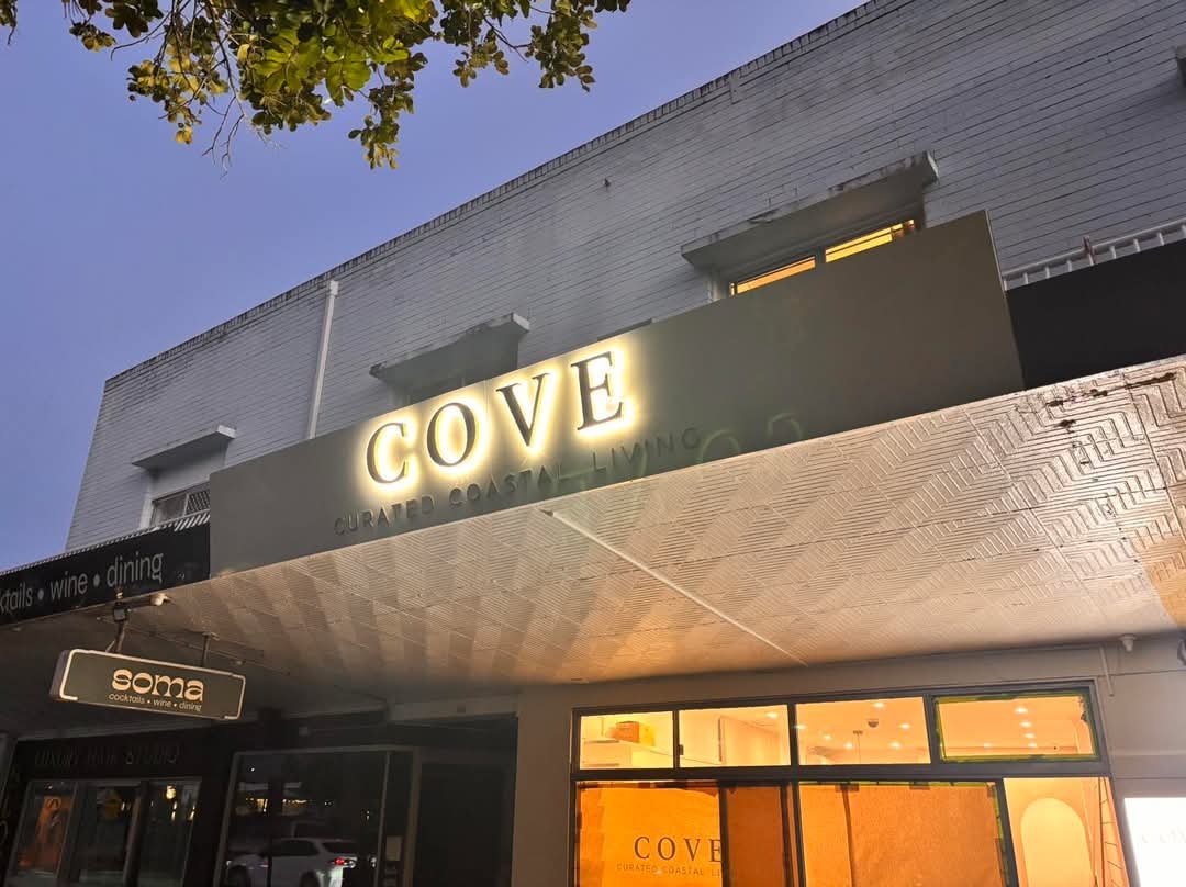 Warm White Architectural Halo-Lit Storefront Signage for COVE