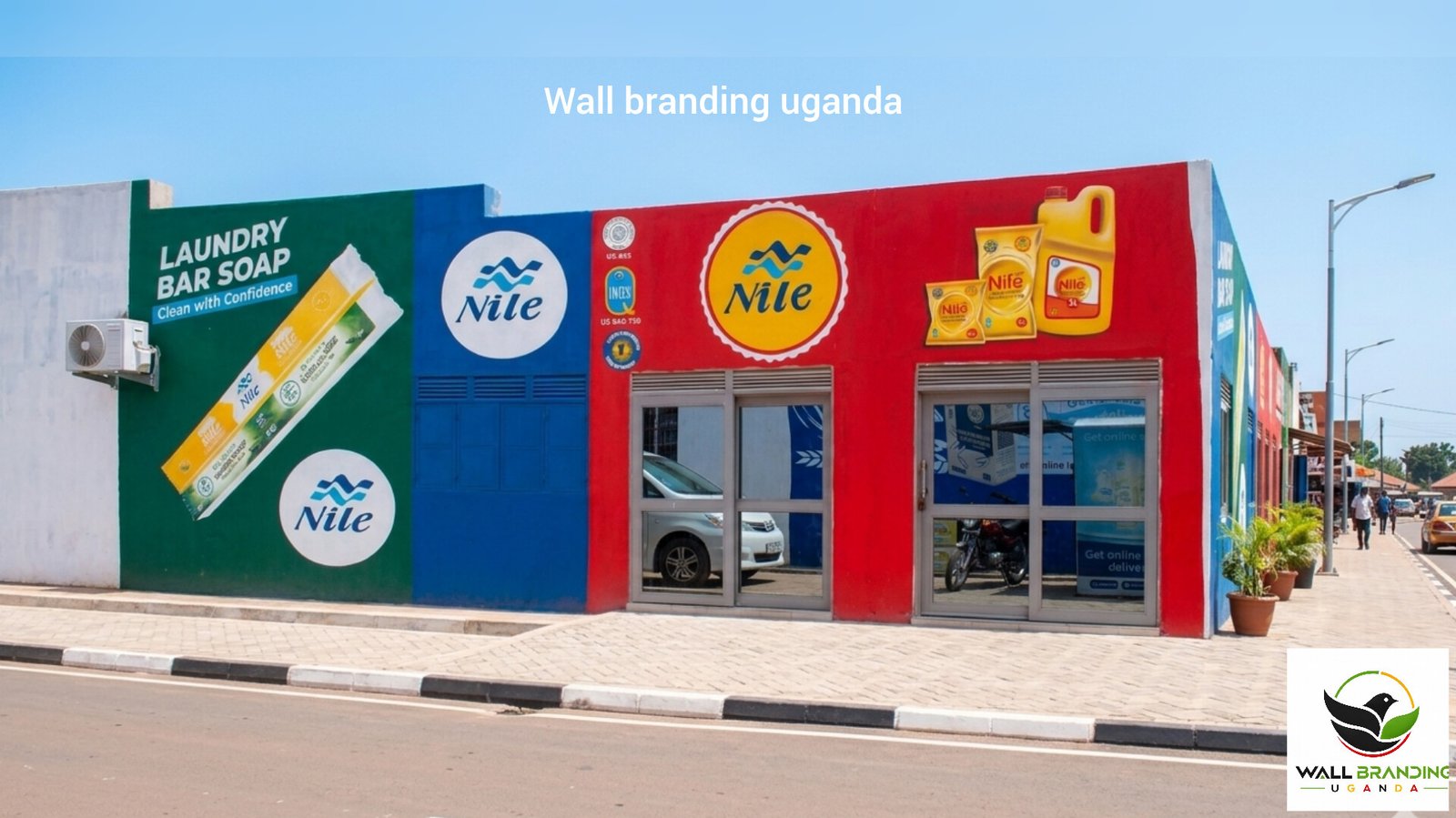 Full commercial building exterior wall branding and painted advertising for Nile laundry bar soap in Uganda