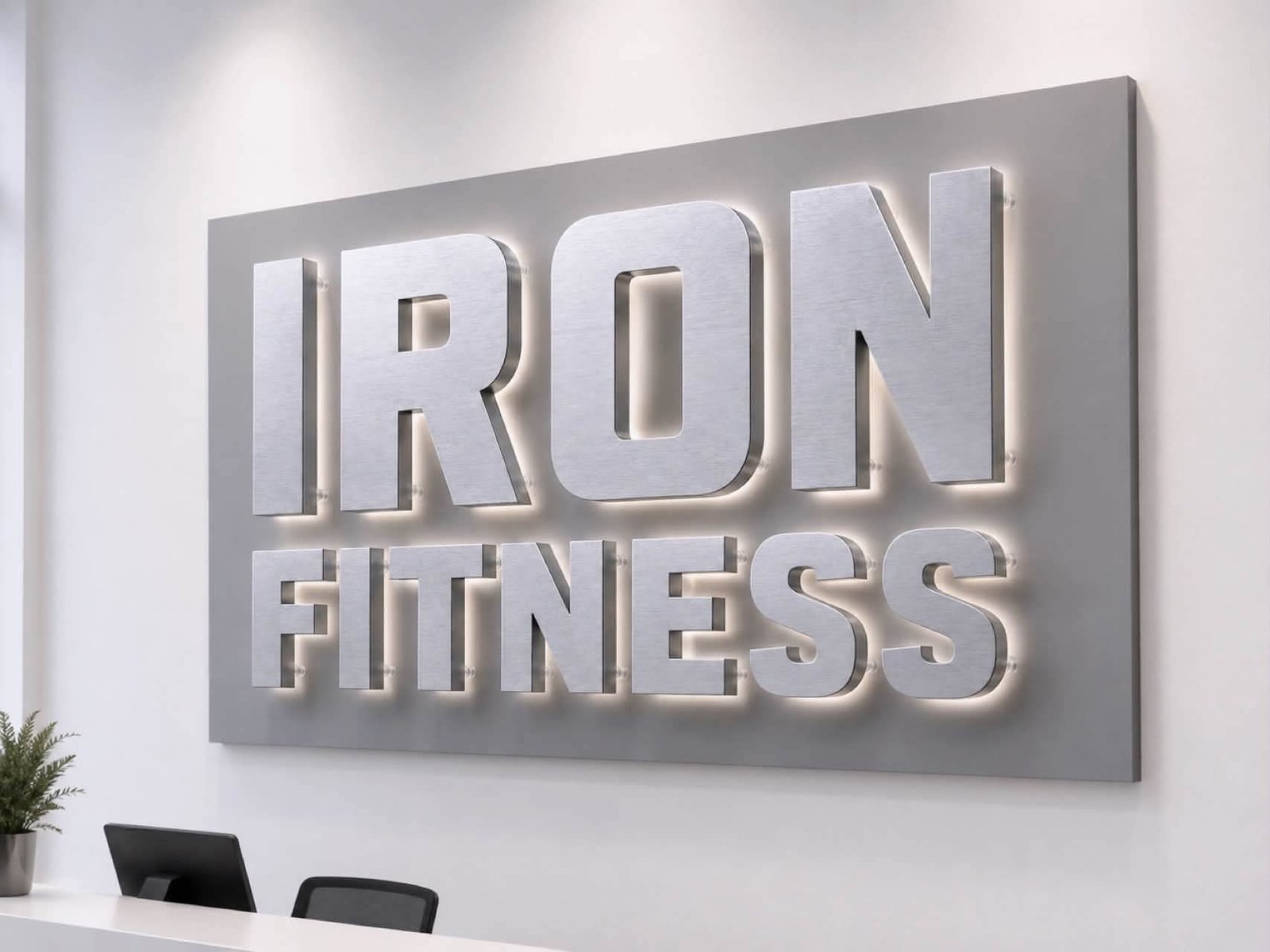 3D brushed stainless steel halo-lit letters mounted on standoffs for interior gym feature wall in Bugolobi, Kampala, Uganda.